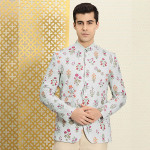 Men Grey & Purple Floral Print Bandhgala Jashn Blazer